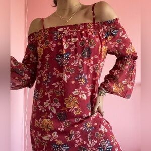 NWT A Byer Dress Medium Red Floral Cold Shoulder Bell Sleeve Boho Flowy Fall